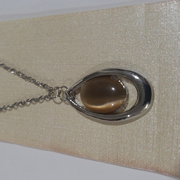 Silver tone Brown Stone Hoop Pendant Necklace & Earrings Set - Women's Jewelry - Picture 3 of 8